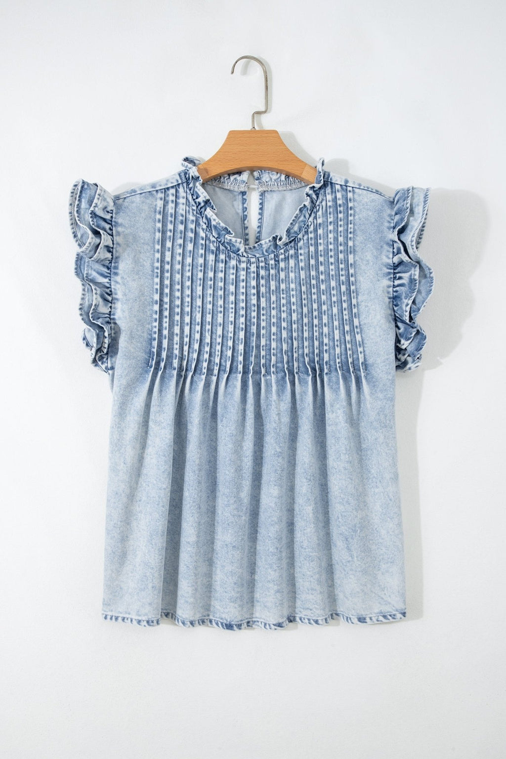 Vintage Washed Denim Pleated Ruffle Sleeve Top - Rooted & Reckless Co.