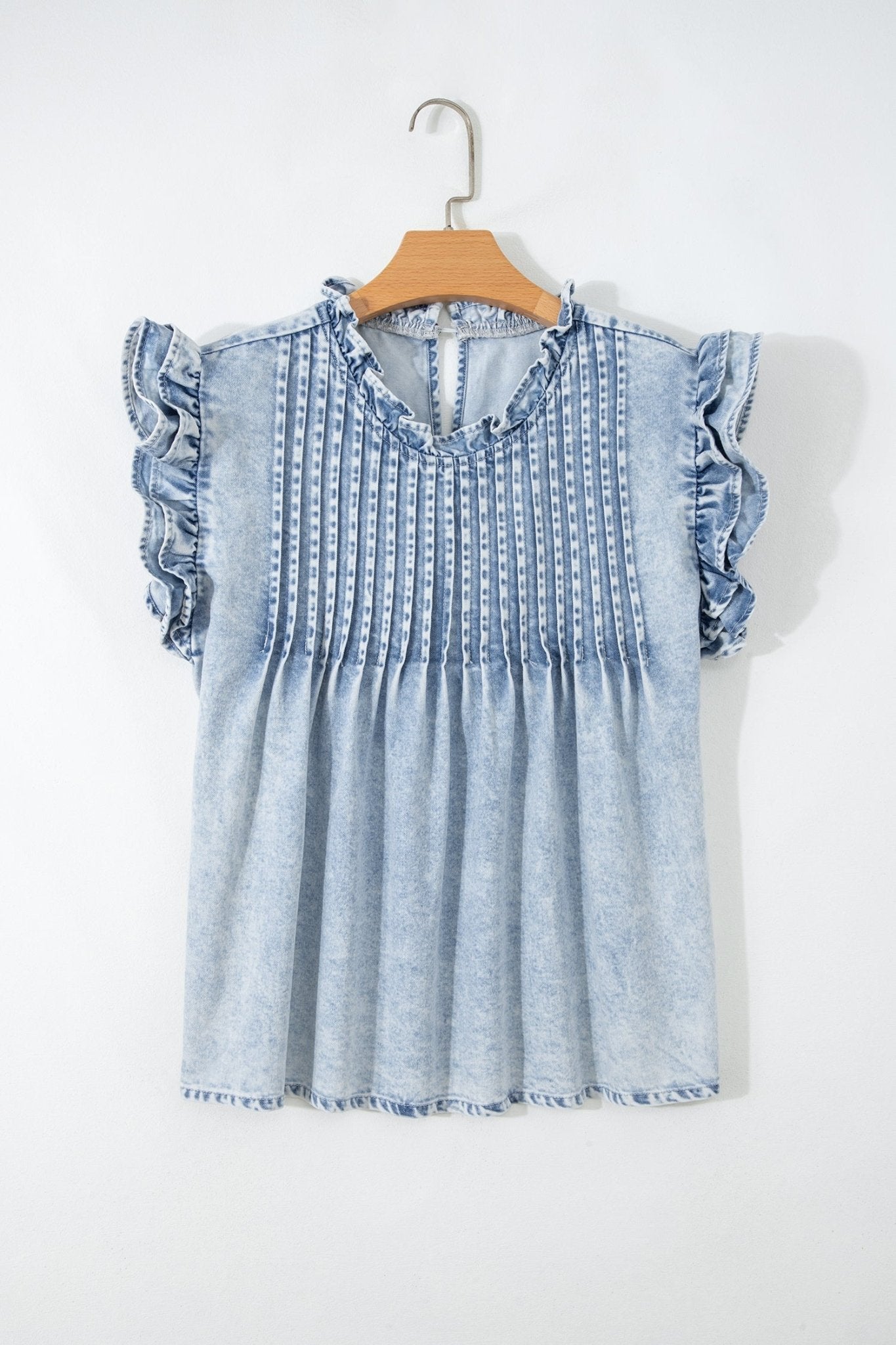 Vintage Washed Denim Pleated Ruffle Sleeve Top - Rooted & Reckless Co.
