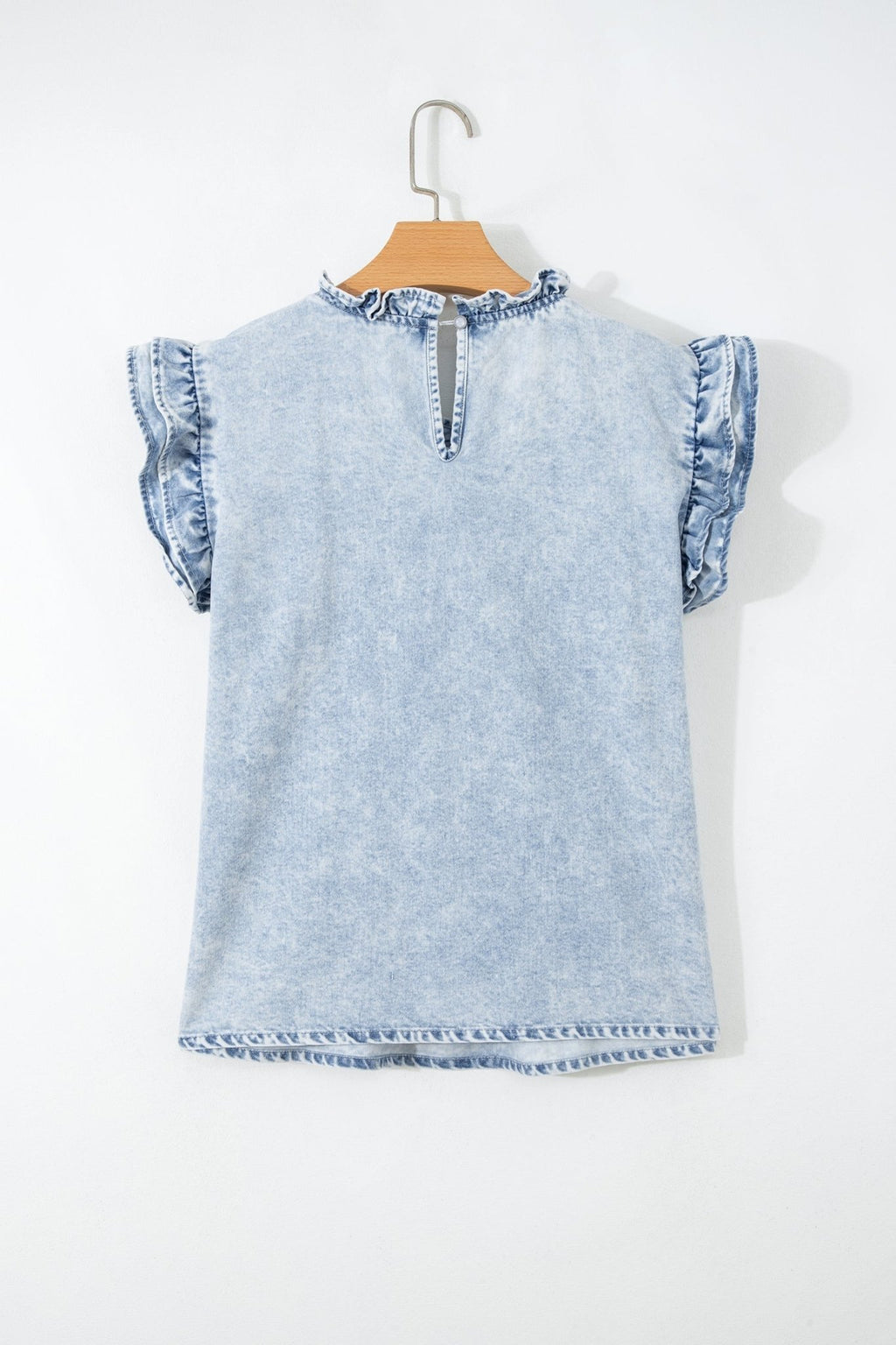 Vintage Washed Denim Pleated Ruffle Sleeve Top - Rooted & Reckless Co.