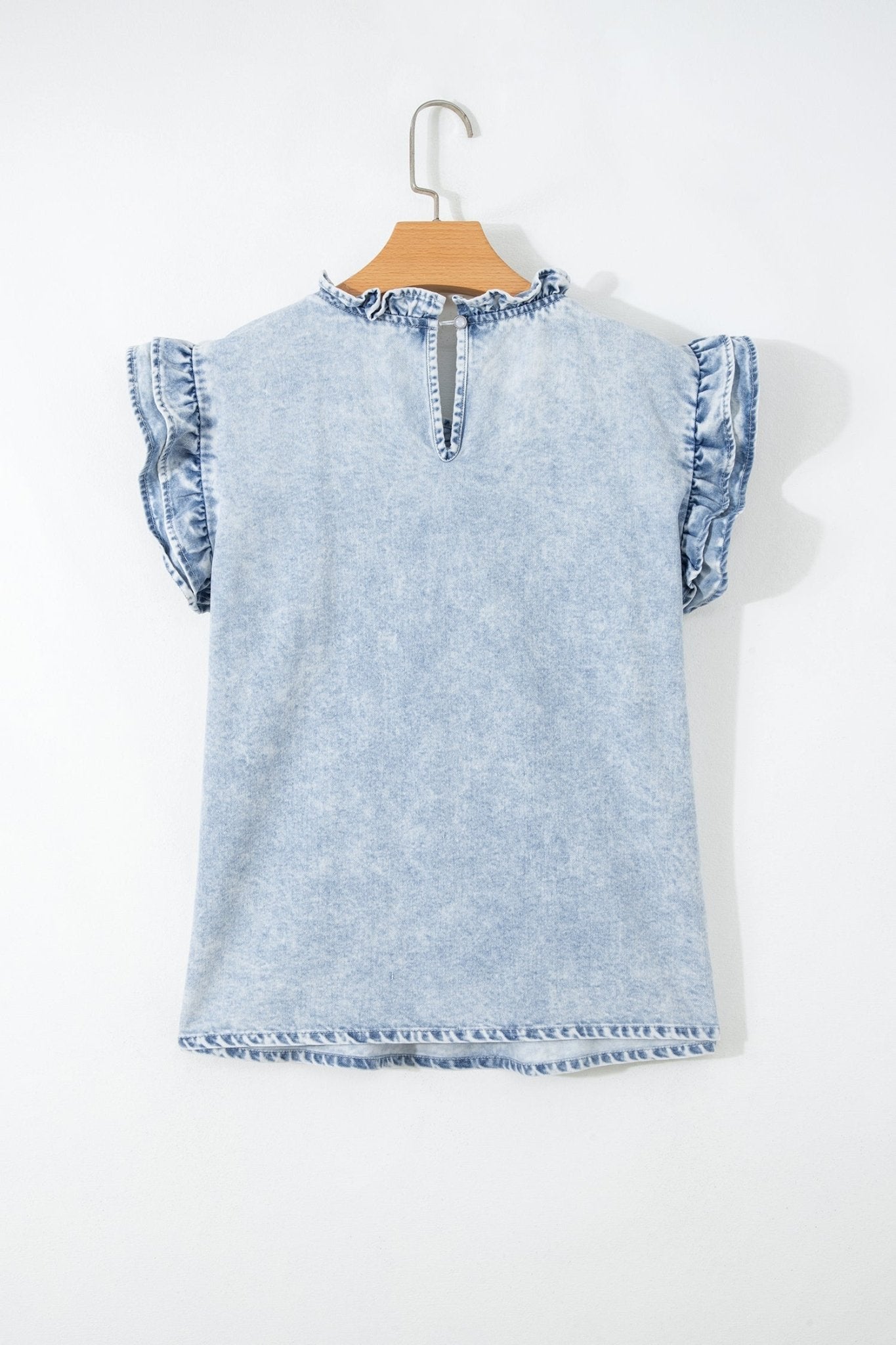 Vintage Washed Denim Pleated Ruffle Sleeve Top - Rooted & Reckless Co.