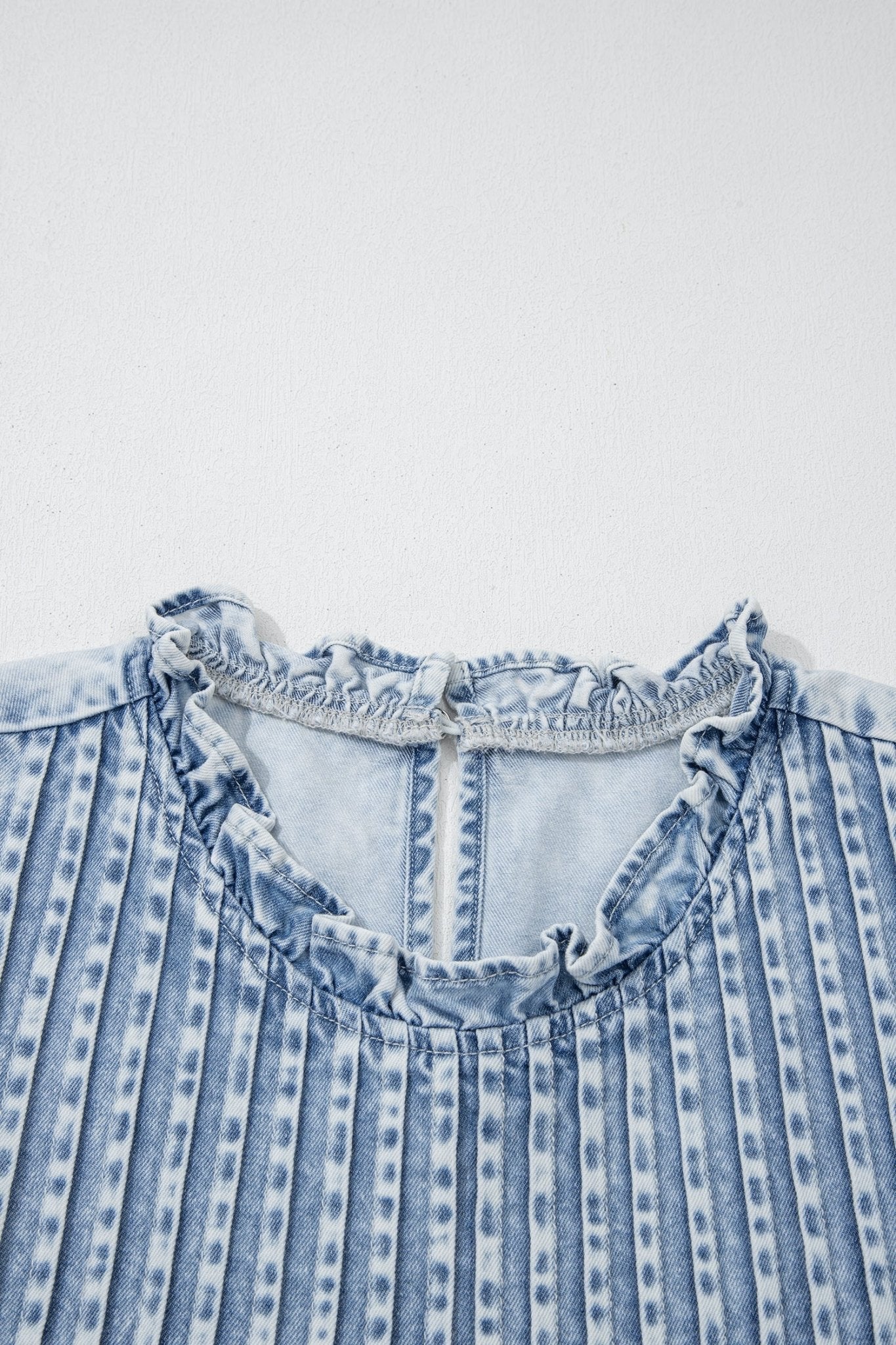 Vintage Washed Denim Pleated Ruffle Sleeve Top - Rooted & Reckless Co.