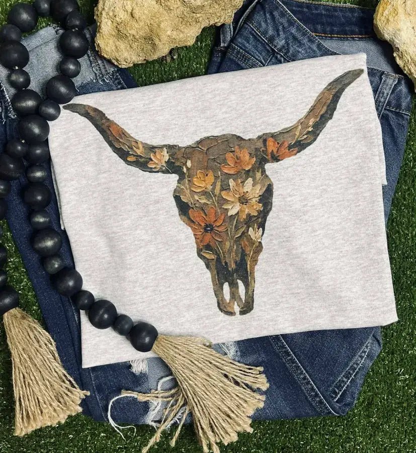 Vintage Wildflower Bull Skull Western Boho Graphic Tee — Cotton-Poly Blend Desert Botanical - Rooted & Reckless Co.