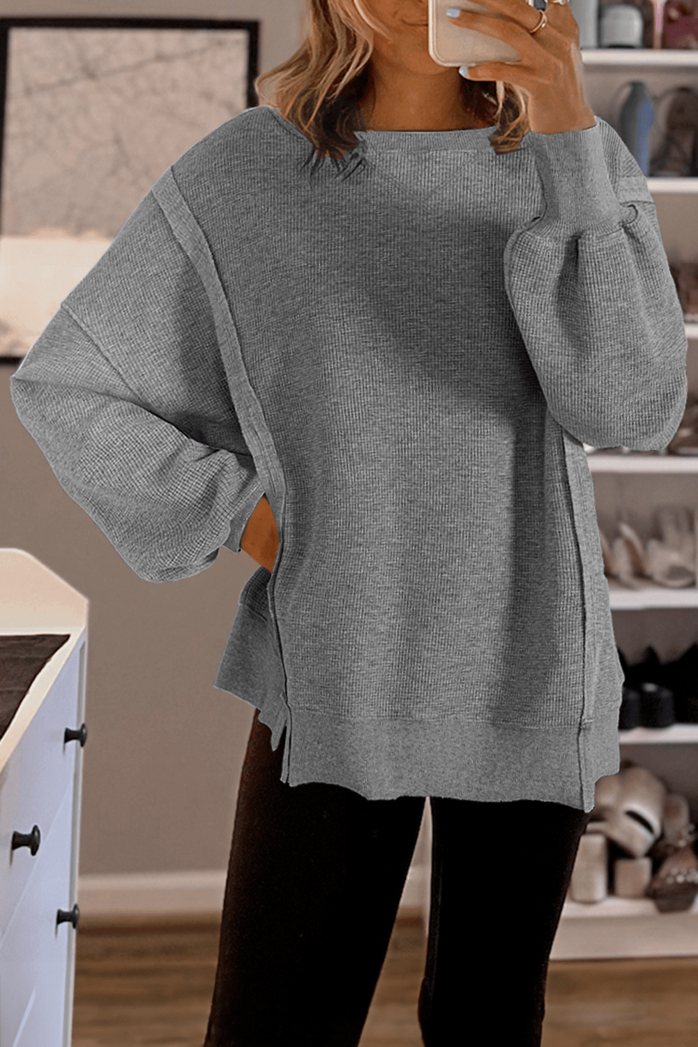 Waffle Knit Bishop Sleeve Side Split Top - Rooted & Reckless Co.