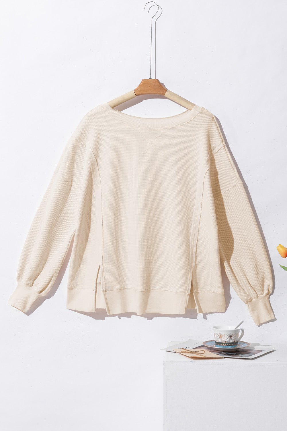 Waffle Knit Bishop Sleeve Side Split Top - Rooted & Reckless Co.