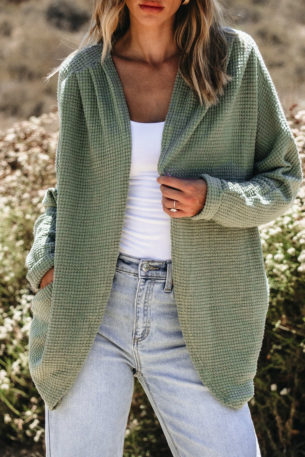 Waffle Knit Open Front Cardigan - Rooted & Reckless Co.
