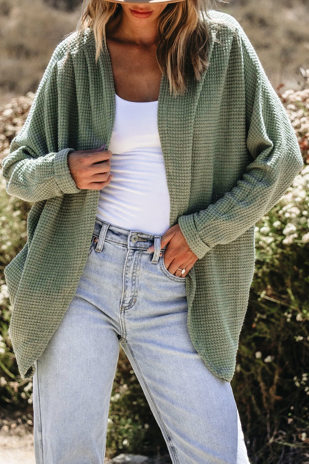 Waffle Knit Open Front Cardigan - Rooted & Reckless Co.