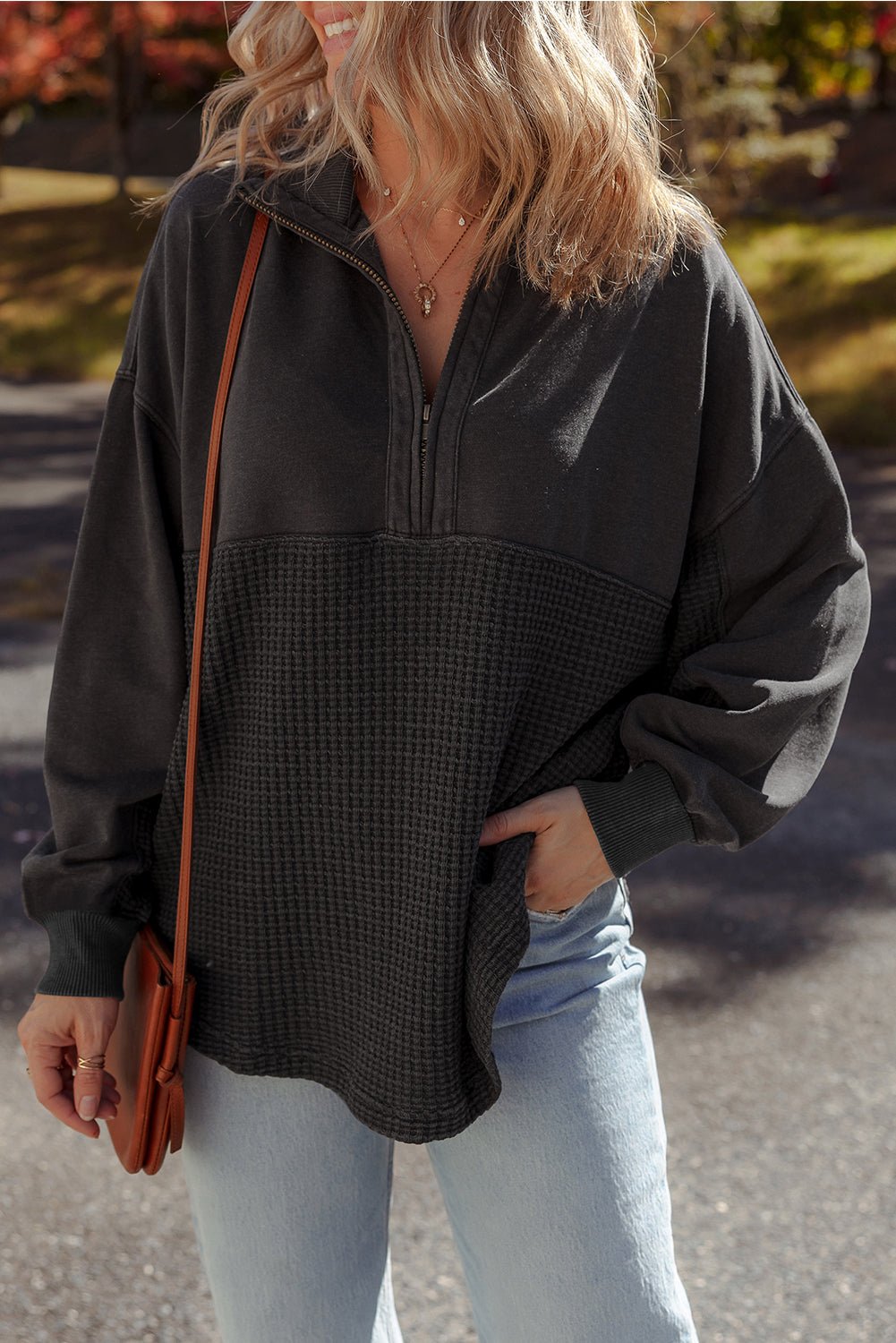 Waffle Knit Patchwork Half-Zip Sweatshirt - Rooted & Reckless Co.