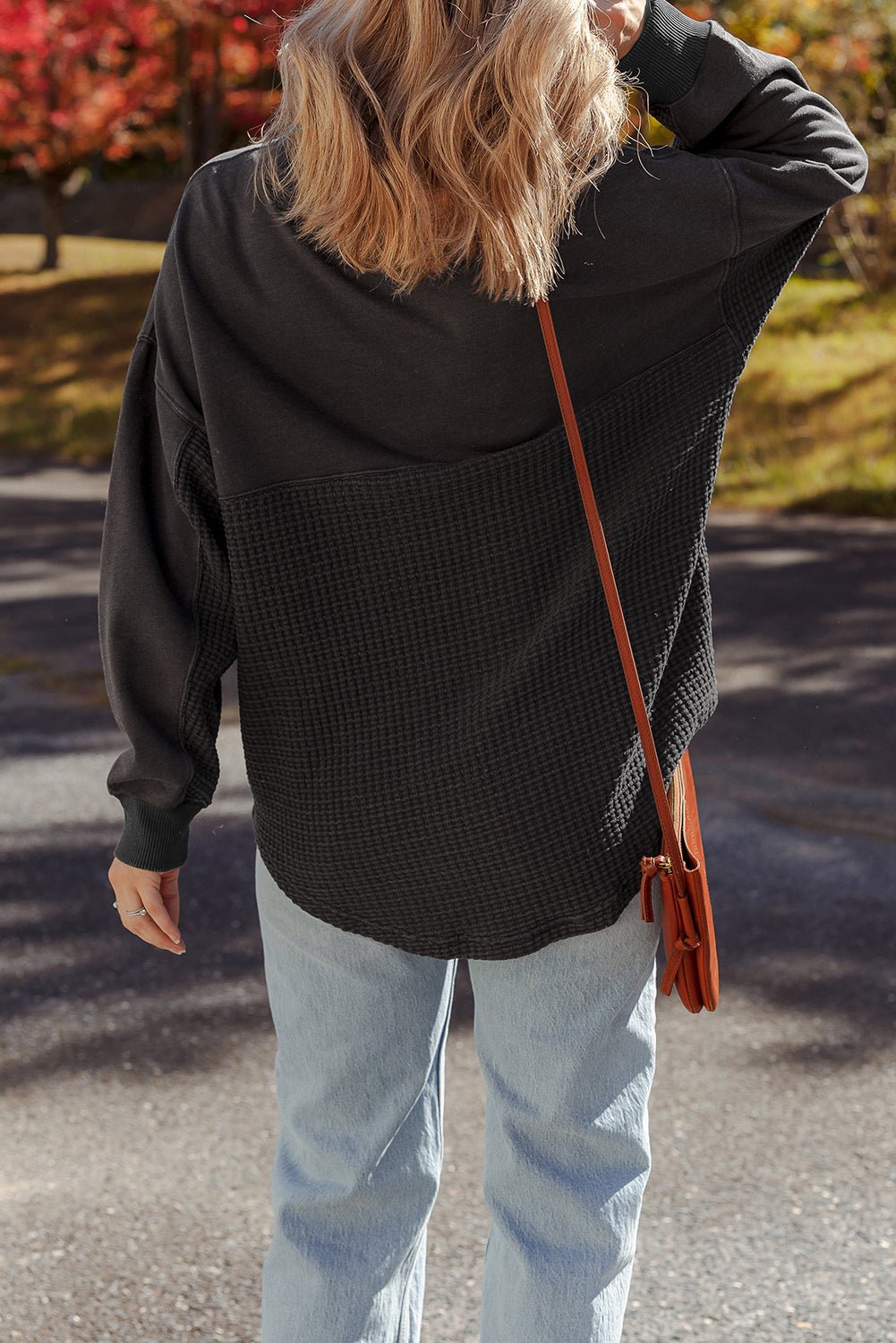 Waffle Knit Patchwork Half-Zip Sweatshirt - Rooted & Reckless Co.