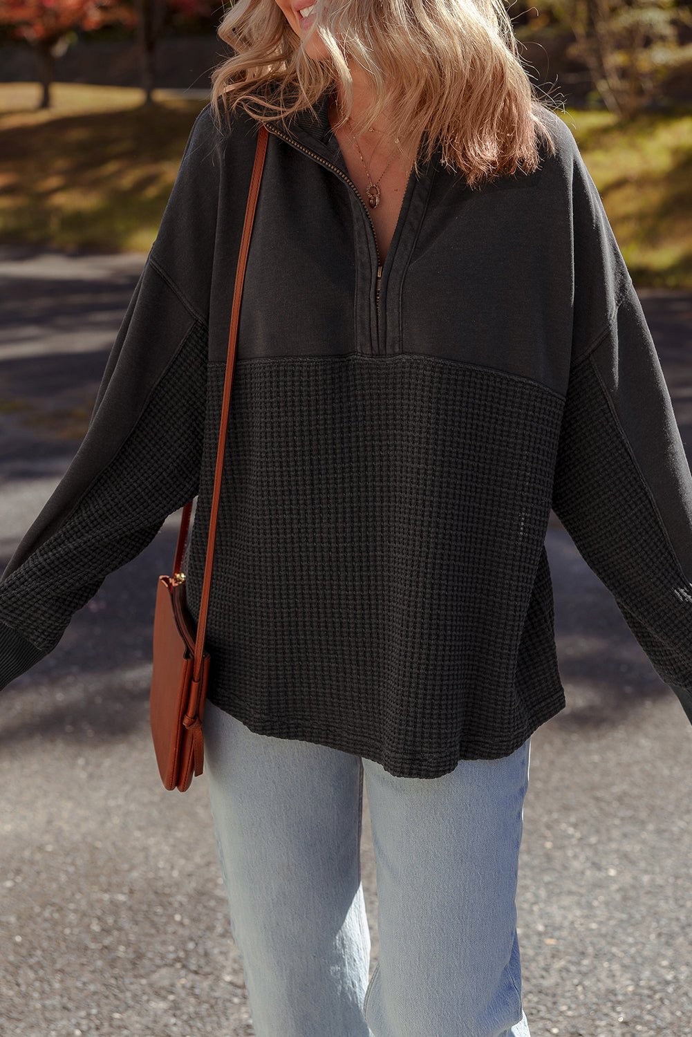 Waffle Knit Patchwork Half-Zip Sweatshirt - Rooted & Reckless Co.