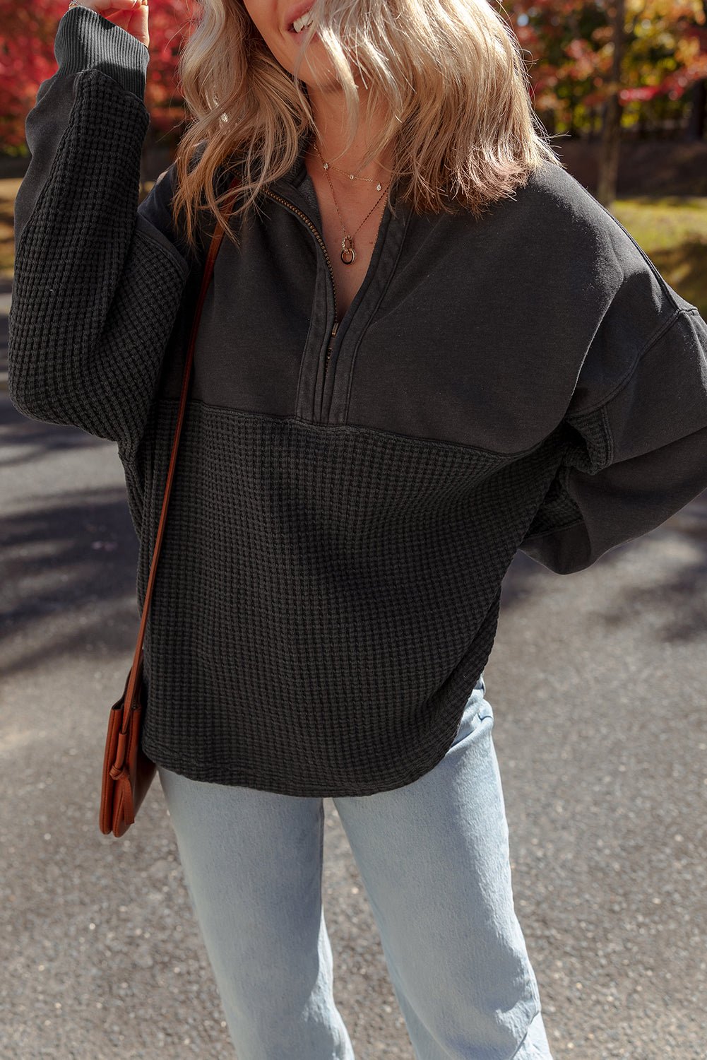 Waffle Knit Patchwork Half-Zip Sweatshirt - Rooted & Reckless Co.