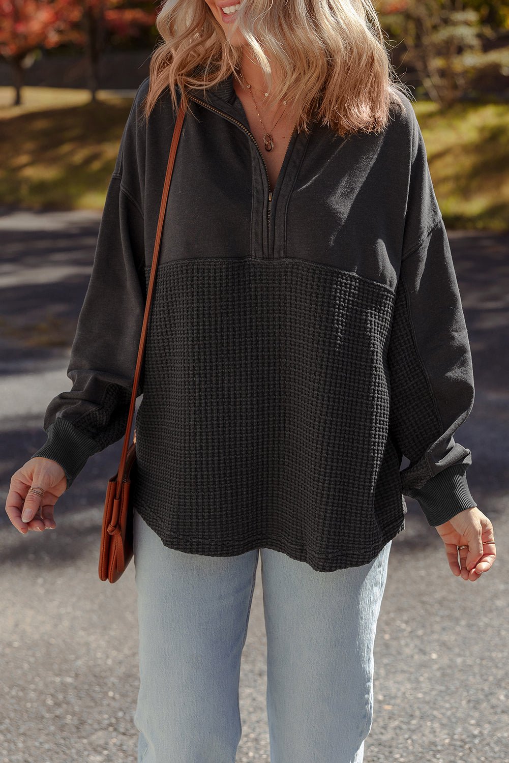 Waffle Knit Patchwork Half-Zip Sweatshirt - Rooted & Reckless Co.