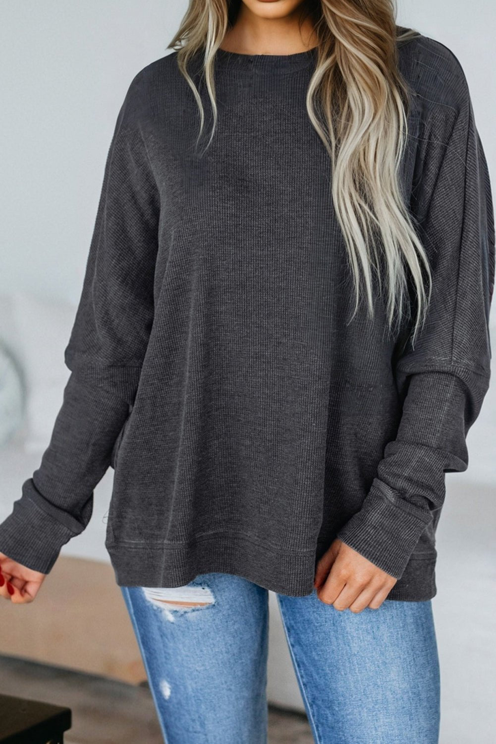 Waffle Knit Patchwork Long Sleeve Top - Rooted & Reckless Co.