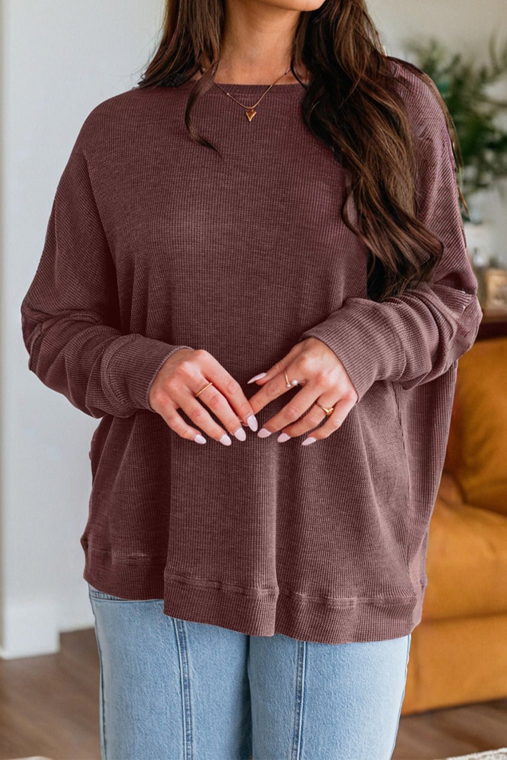Waffle Knit Patchwork Long Sleeve Top - Rooted & Reckless Co.