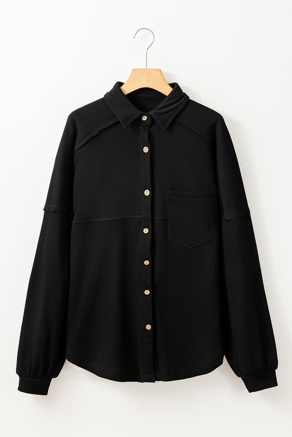 Waffle Knit Patchwork Reverse Seam Button-Up Shacket - Rooted & Reckless Co.