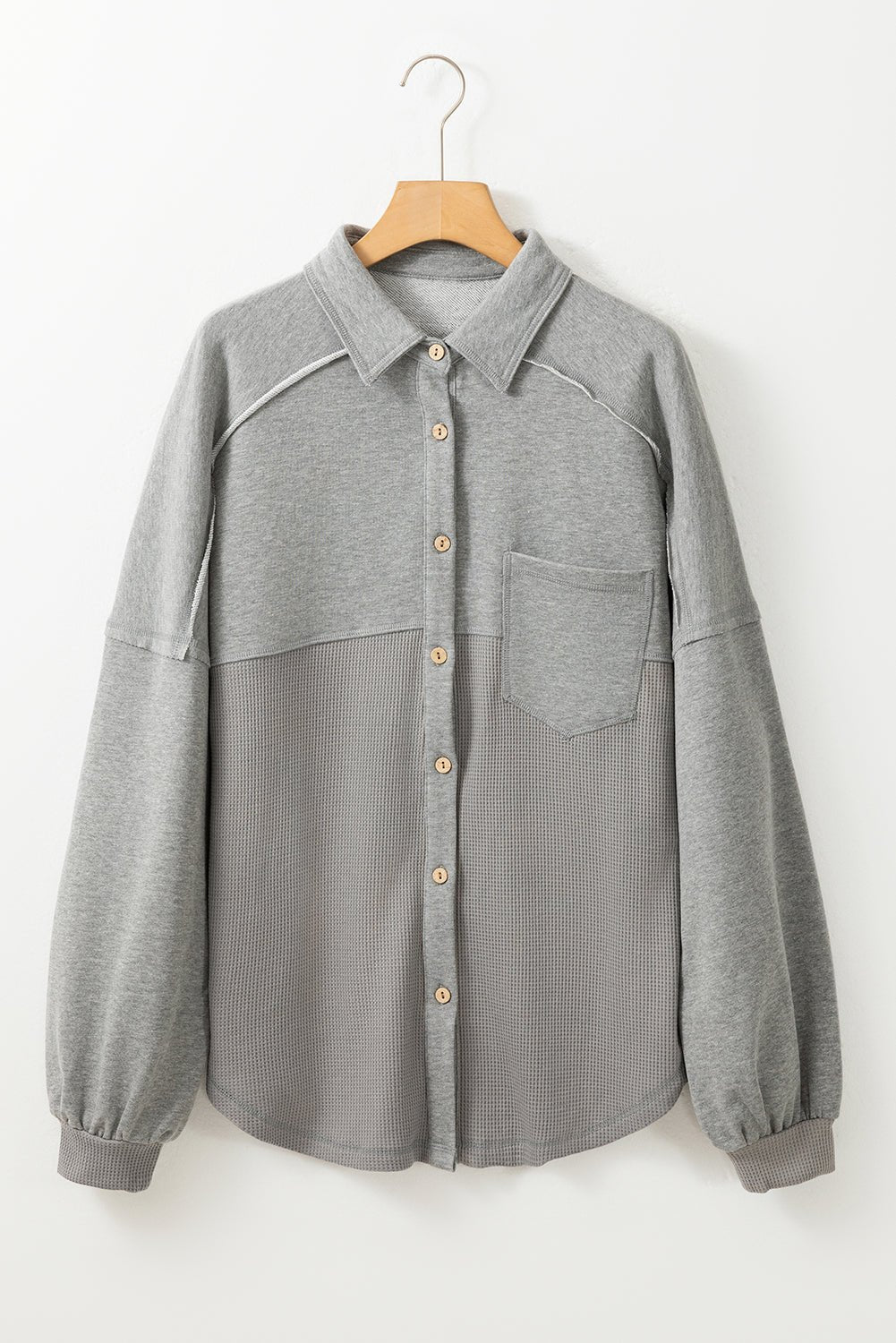 Waffle Knit Patchwork Reverse Seam Button-Up Shacket - Rooted & Reckless Co.