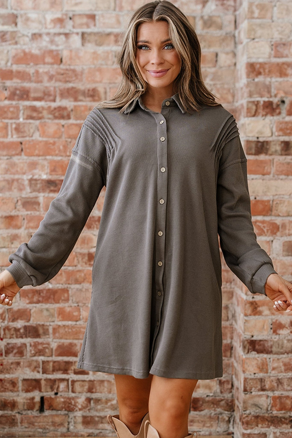 Waffle Knit Pleated Drop Shoulder Shirt Dress - Rooted & Reckless Co.