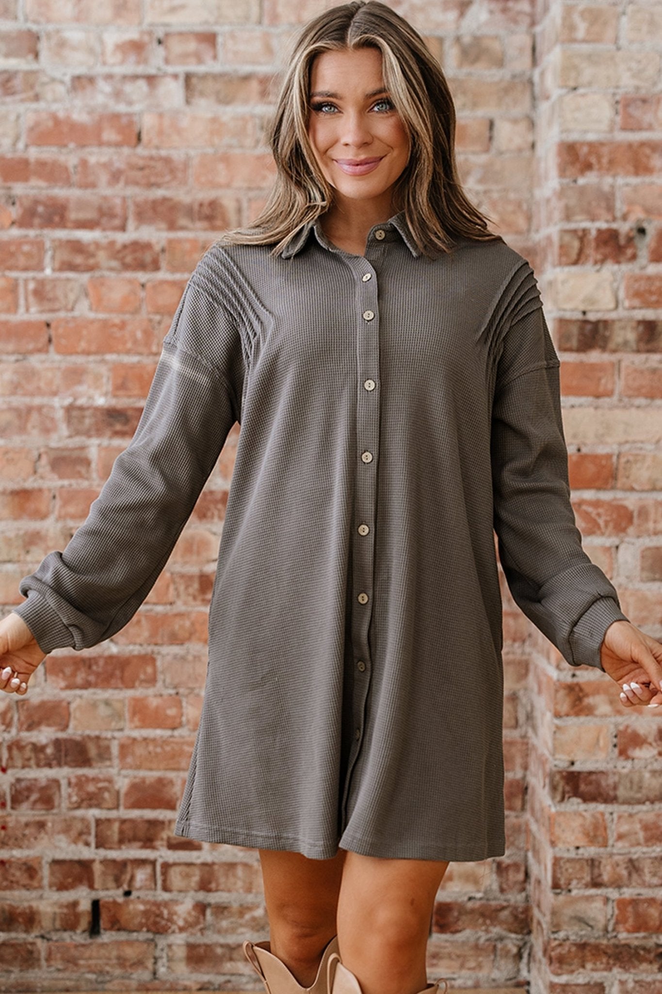 Waffle Knit Pleated Drop Shoulder Shirt Dress - Rooted & Reckless Co.