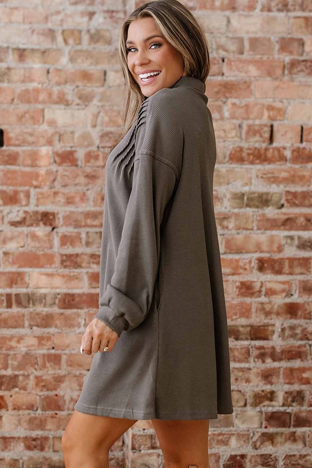 Waffle Knit Pleated Drop Shoulder Shirt Dress - Rooted & Reckless Co.