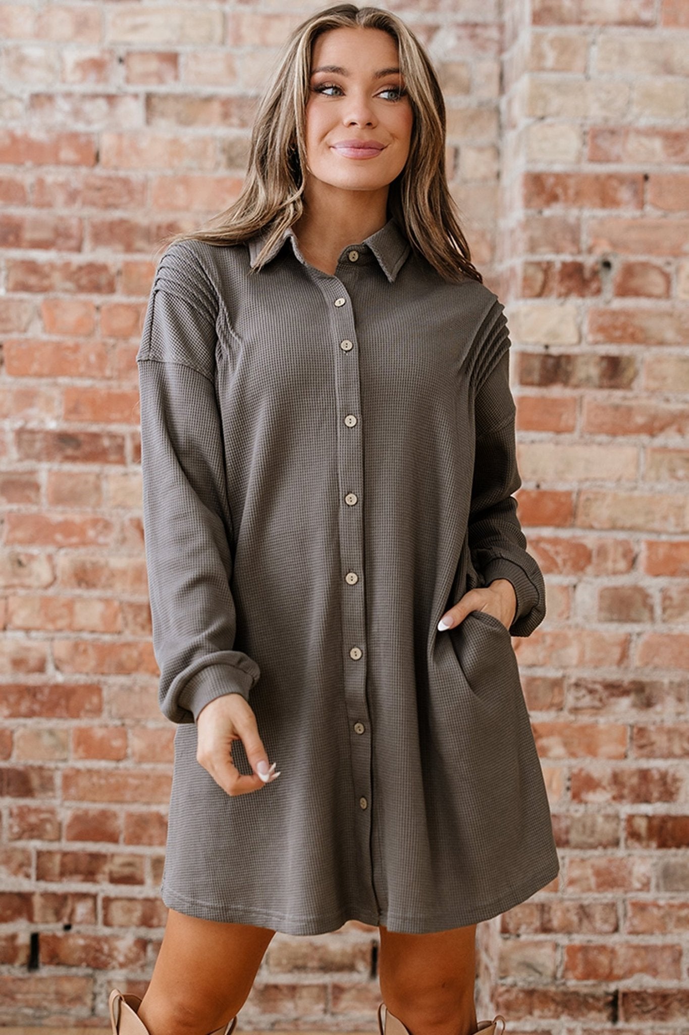 Waffle Knit Pleated Drop Shoulder Shirt Dress - Rooted & Reckless Co.