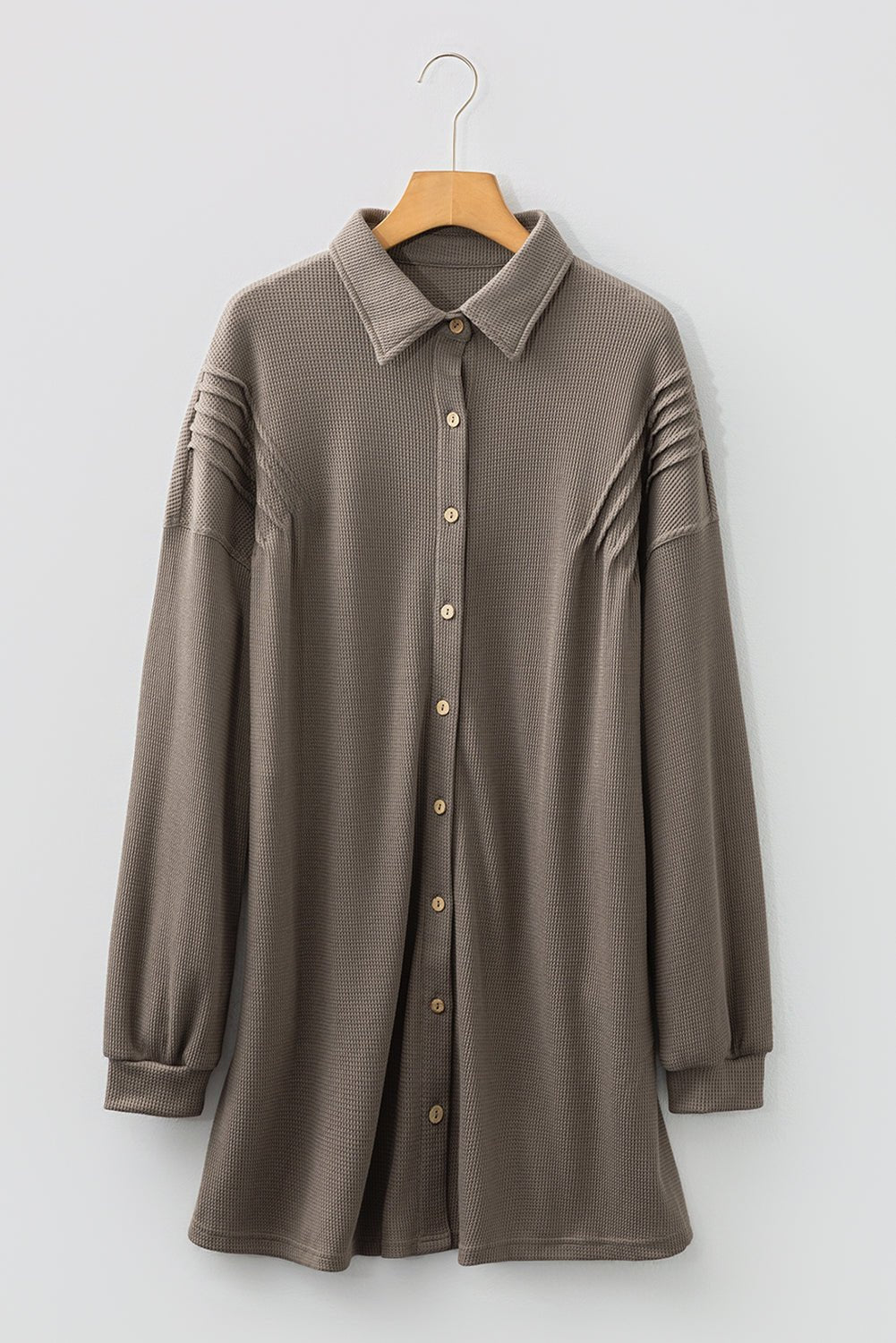 Waffle Knit Pleated Drop Shoulder Shirt Dress - Rooted & Reckless Co.