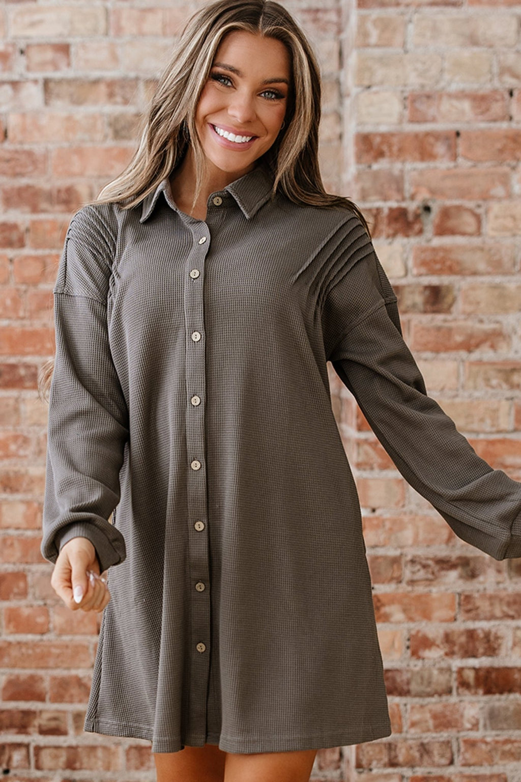 Waffle Knit Pleated Drop Shoulder Shirt Dress - Rooted & Reckless Co.