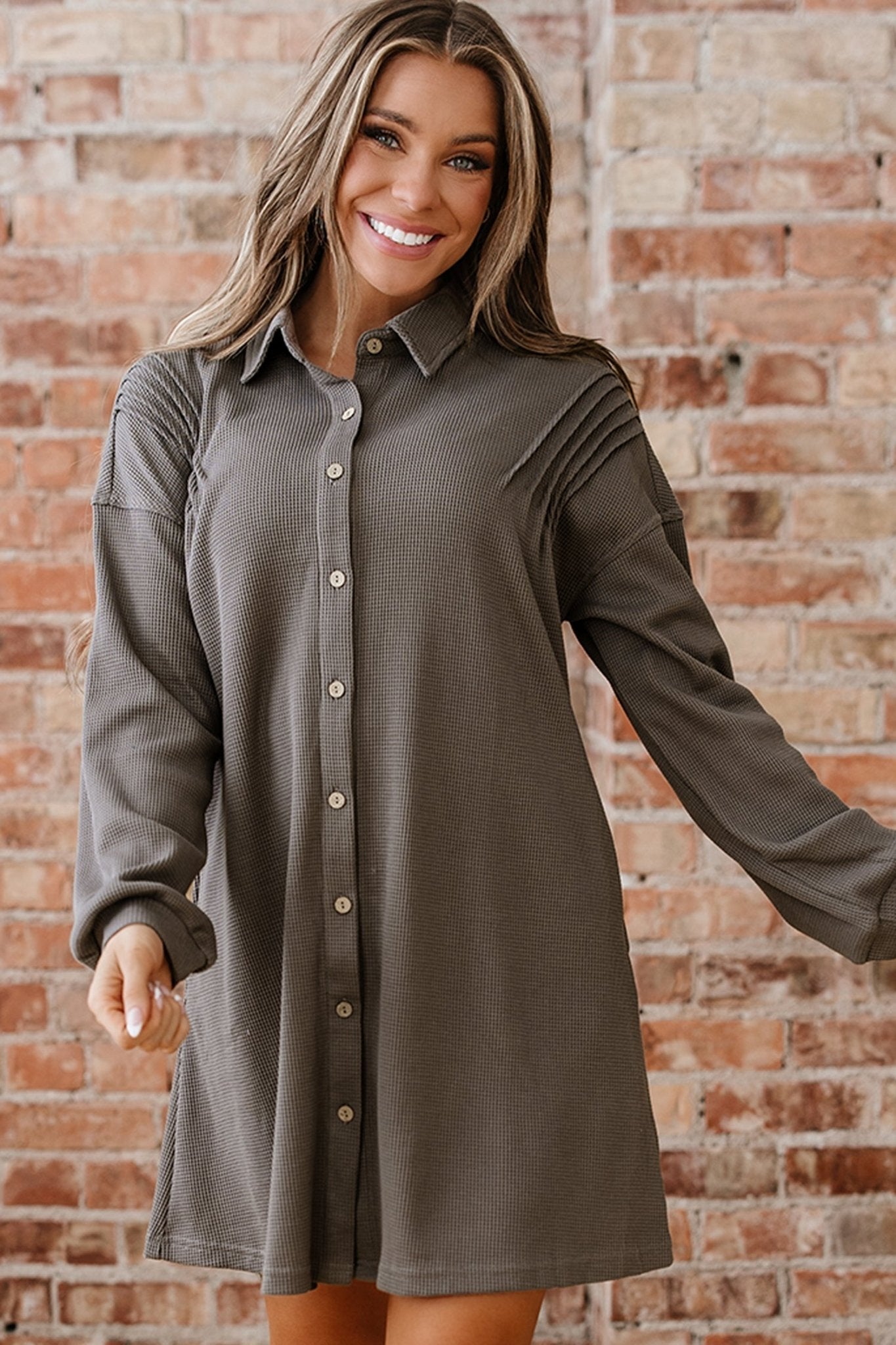 Waffle Knit Pleated Drop Shoulder Shirt Dress - Rooted & Reckless Co.