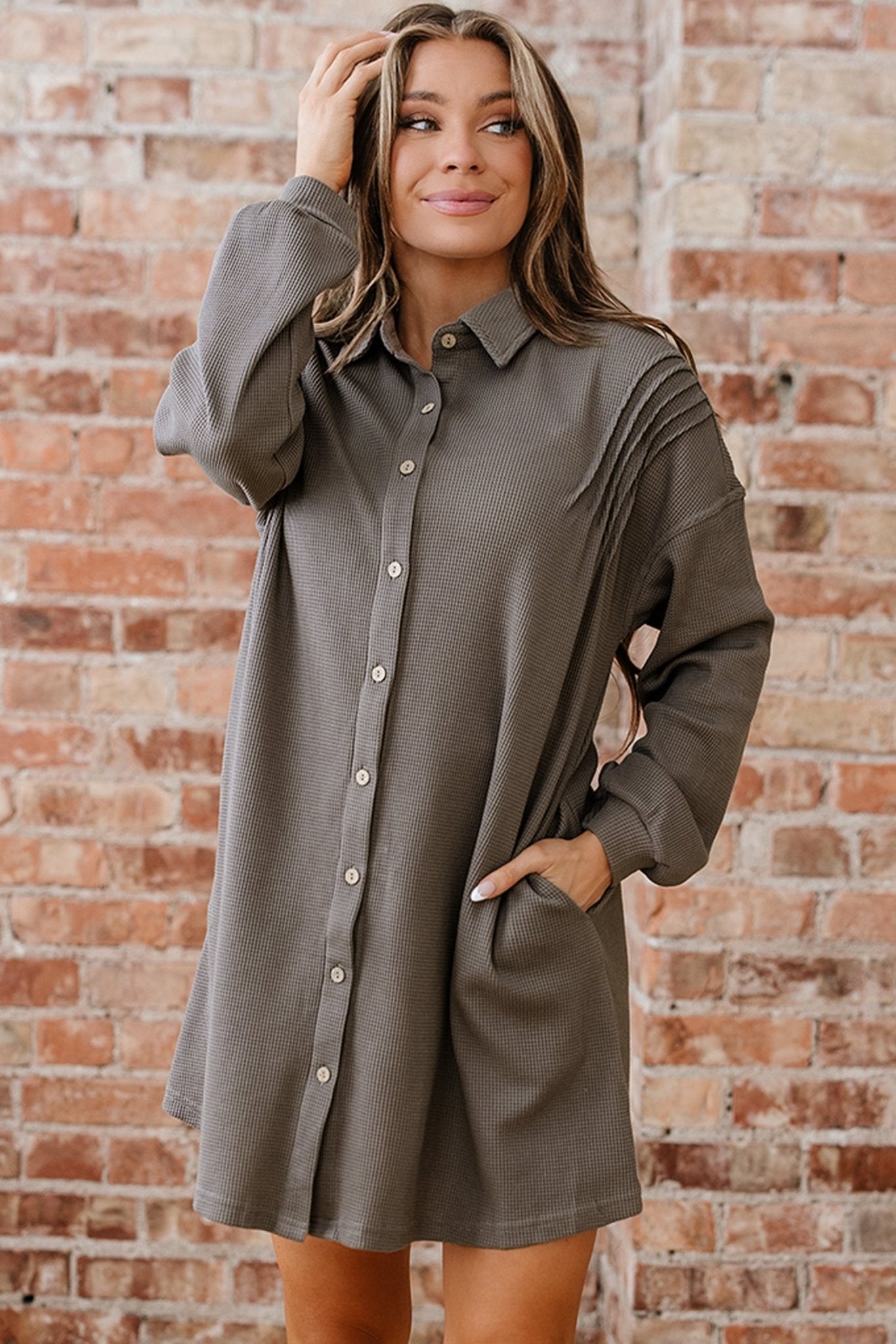 Waffle Knit Pleated Drop Shoulder Shirt Dress - Rooted & Reckless Co.