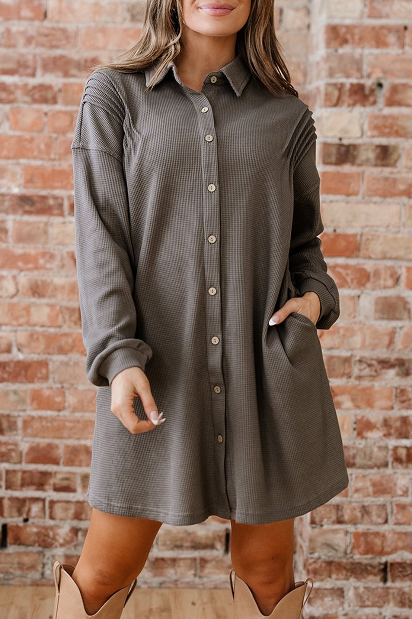Waffle Knit Pleated Drop Shoulder Shirt Dress - Rooted & Reckless Co.