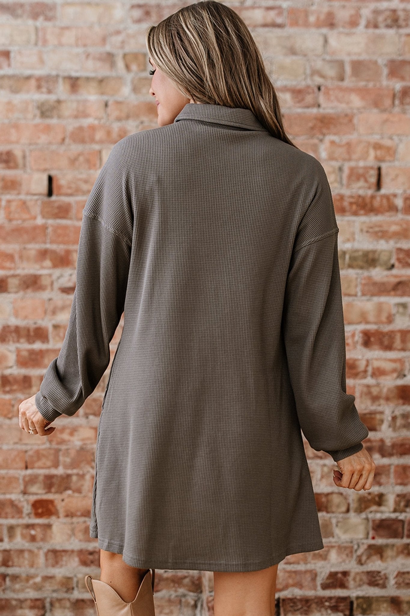 Waffle Knit Pleated Drop Shoulder Shirt Dress - Rooted & Reckless Co.