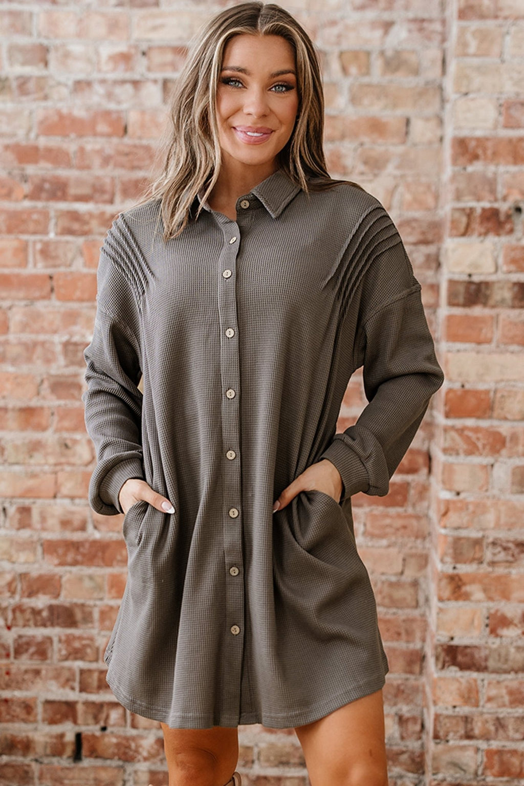 Waffle Knit Pleated Drop Shoulder Shirt Dress - Rooted & Reckless Co.