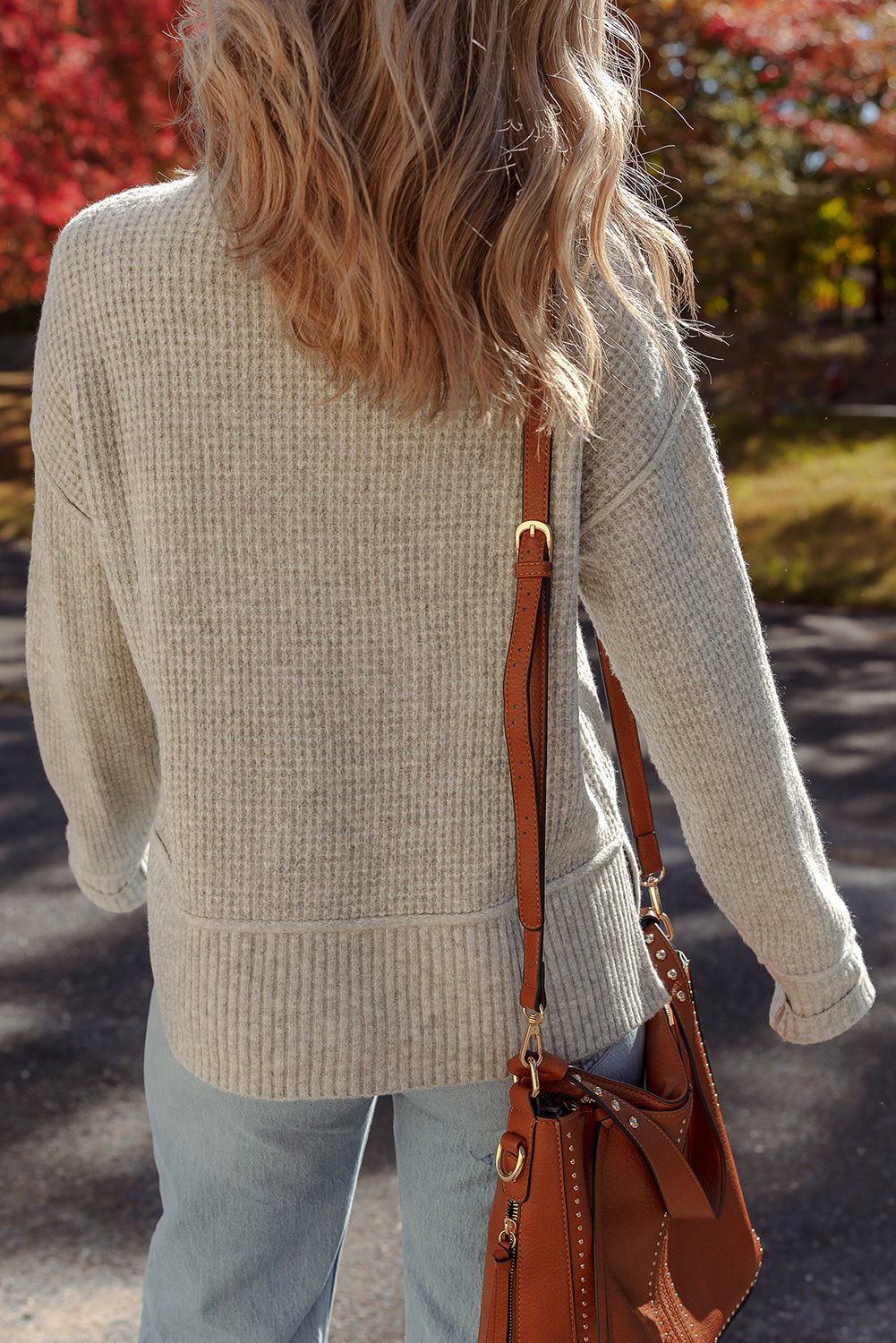 Waffle Knit Ribbed High Neck Drop Shoulder Sweater - Rooted & Reckless Co.
