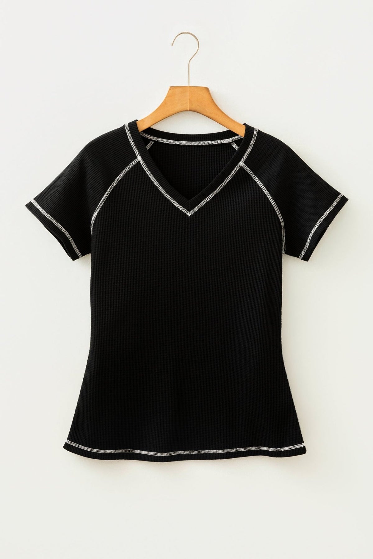 Waffle Textured Contrast Trim V-Neck Tee - Rooted & Reckless Co.