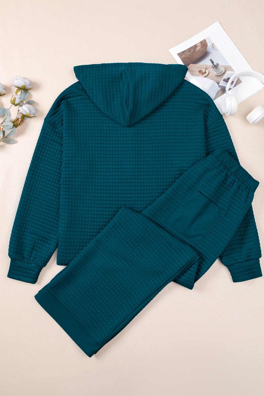 Waffle Textured Patchwork Hooded Top and Pants Set - Rooted & Reckless Co.