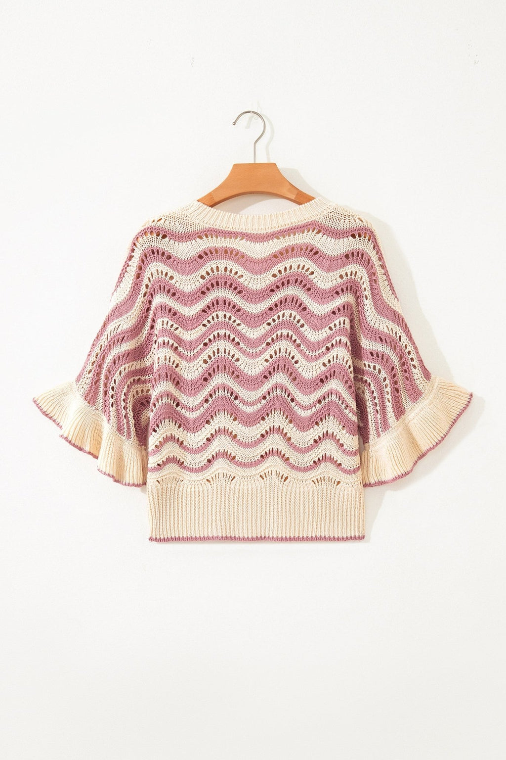 Wavy Stripe Ruffle 3/4 Sleeve Crochet Sweater - Rooted & Reckless Co.