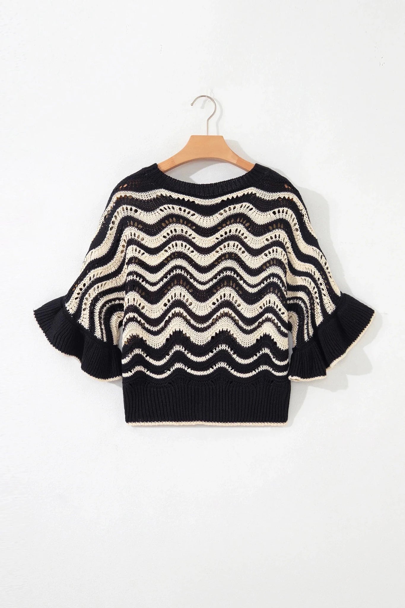 Wavy Stripe Ruffle 3/4 Sleeve Crochet Sweater - Rooted & Reckless Co.