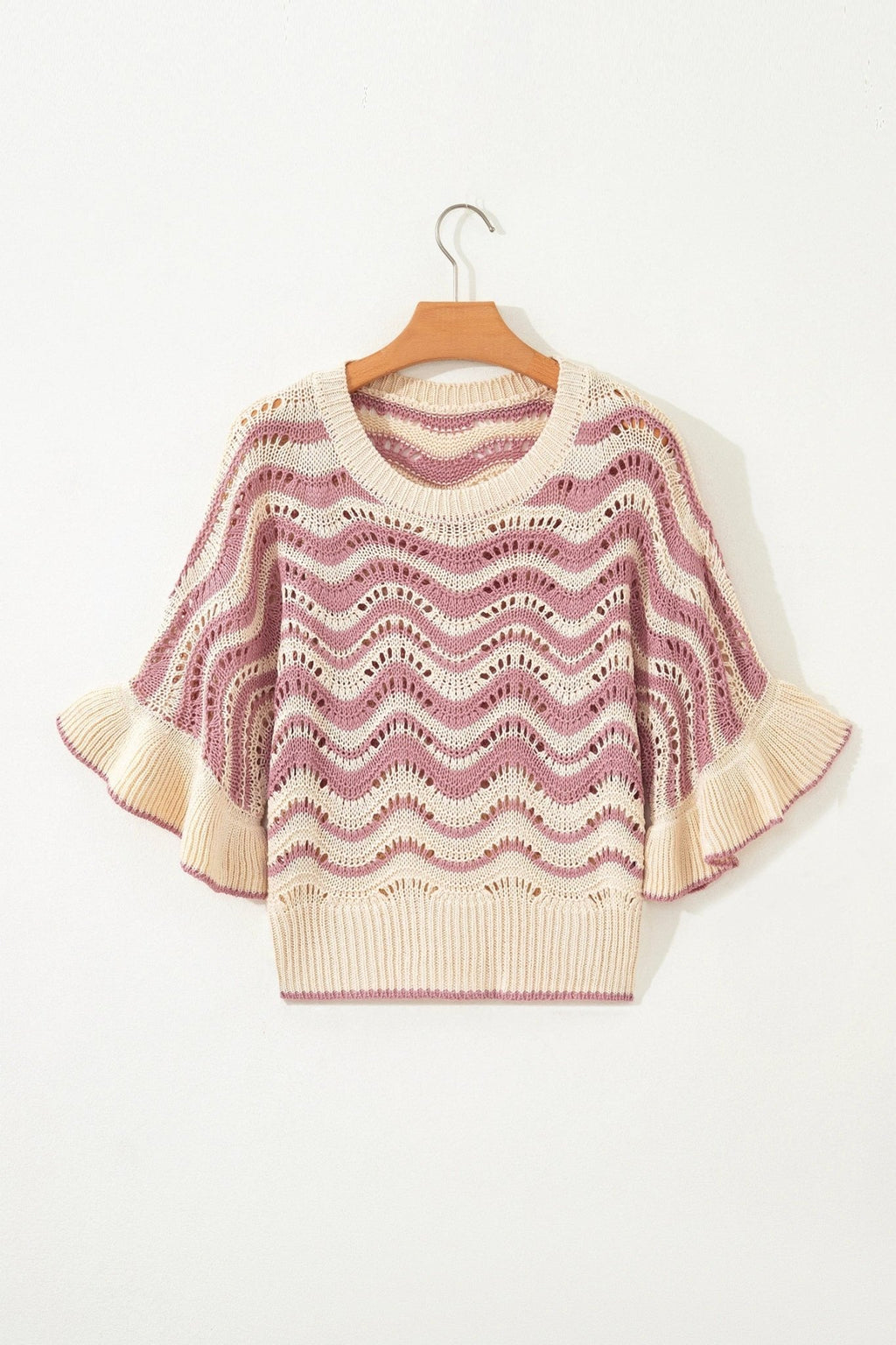 Wavy Stripe Ruffle 3/4 Sleeve Crochet Sweater - Rooted & Reckless Co.