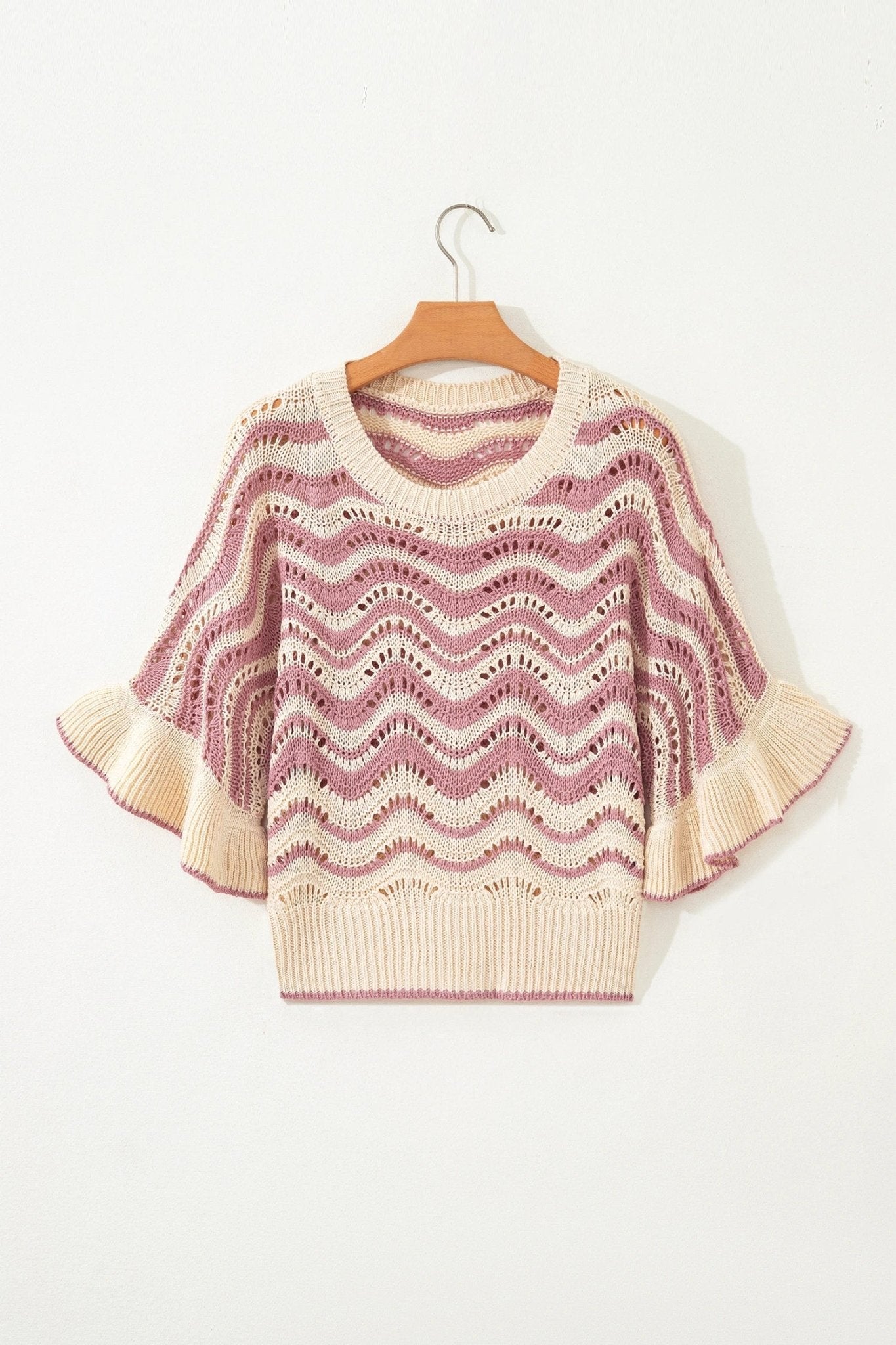 Wavy Stripe Ruffle 3/4 Sleeve Crochet Sweater - Rooted & Reckless Co.