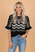 Wavy Stripe Ruffle 3/4 Sleeve Crochet Sweater - Rooted & Reckless Co.
