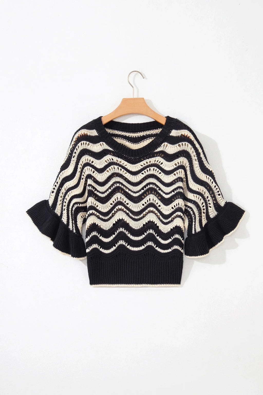 Wavy Stripe Ruffle 3/4 Sleeve Crochet Sweater - Rooted & Reckless Co.