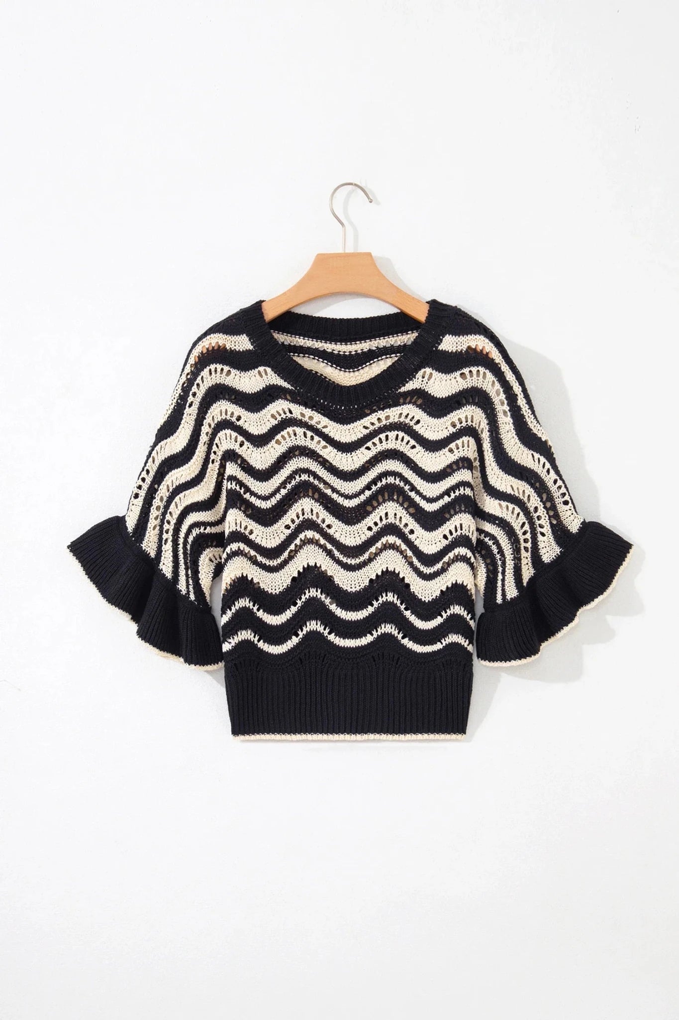 Wavy Stripe Ruffle 3/4 Sleeve Crochet Sweater - Rooted & Reckless Co.