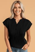 Wavy Textured Button V-Neck Cap Sleeve Tee - Rooted & Reckless Co.