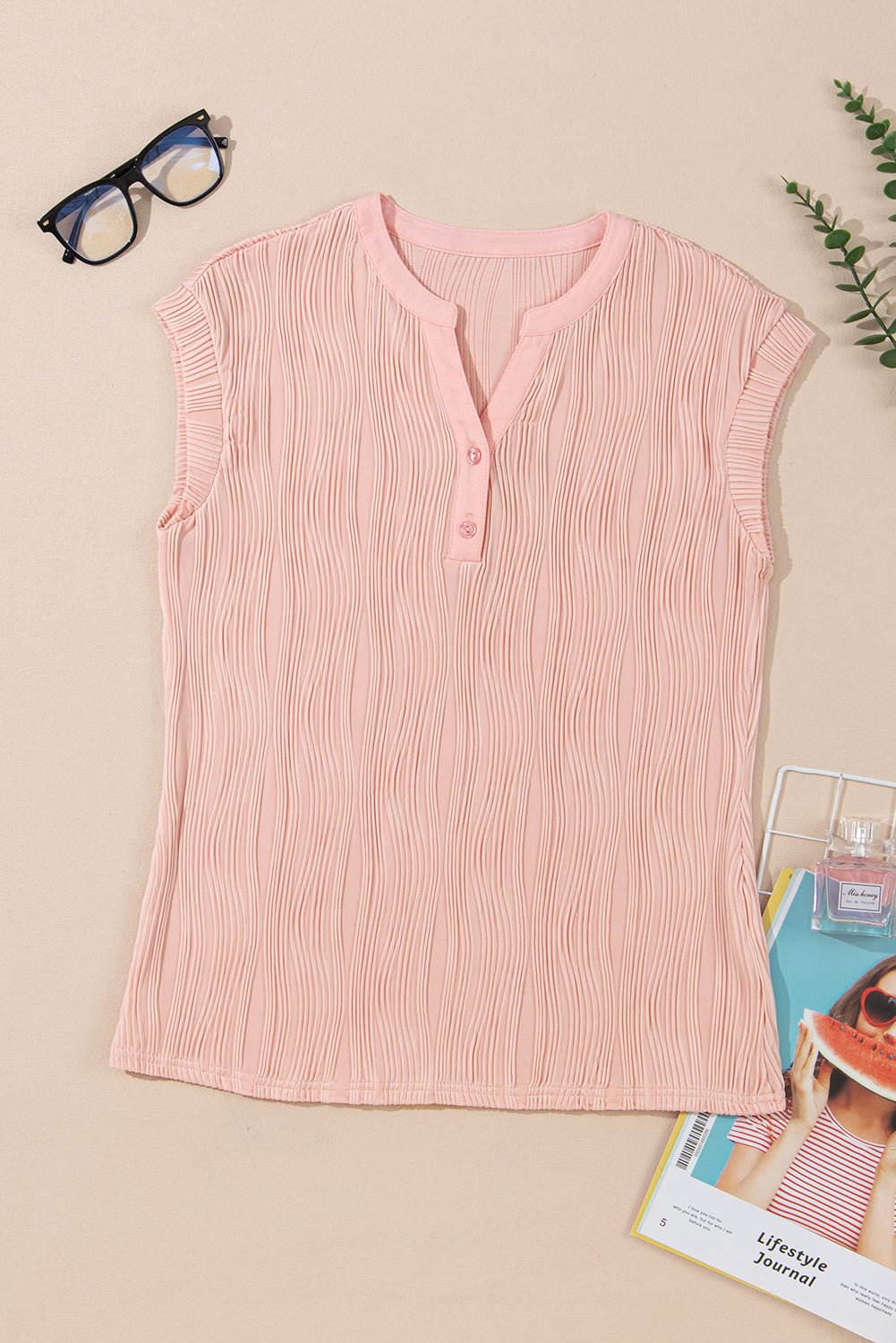 Wavy Textured Button V-Neck Cap Sleeve Tee - Rooted & Reckless Co.