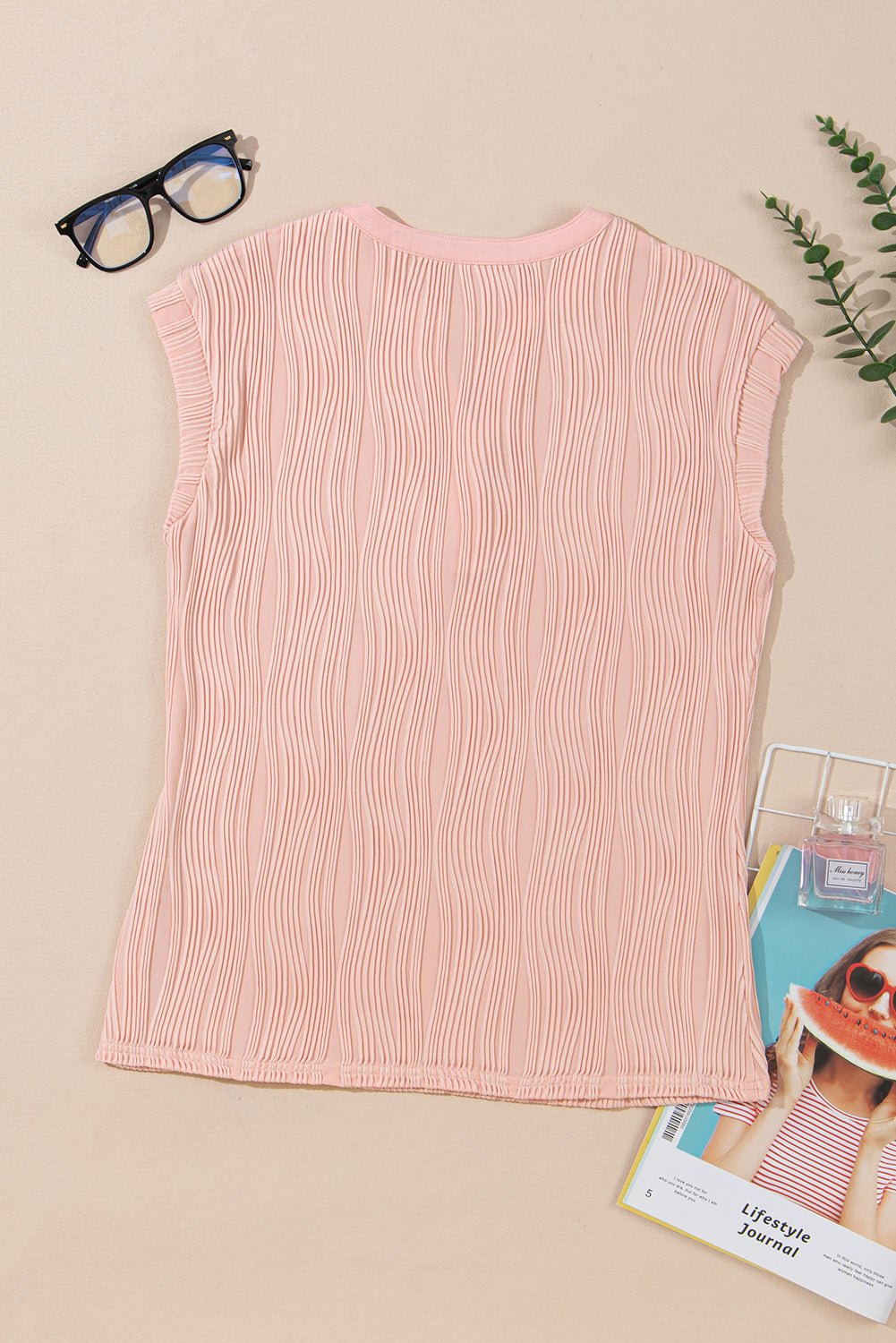 Wavy Textured Button V-Neck Cap Sleeve Tee - Rooted & Reckless Co.