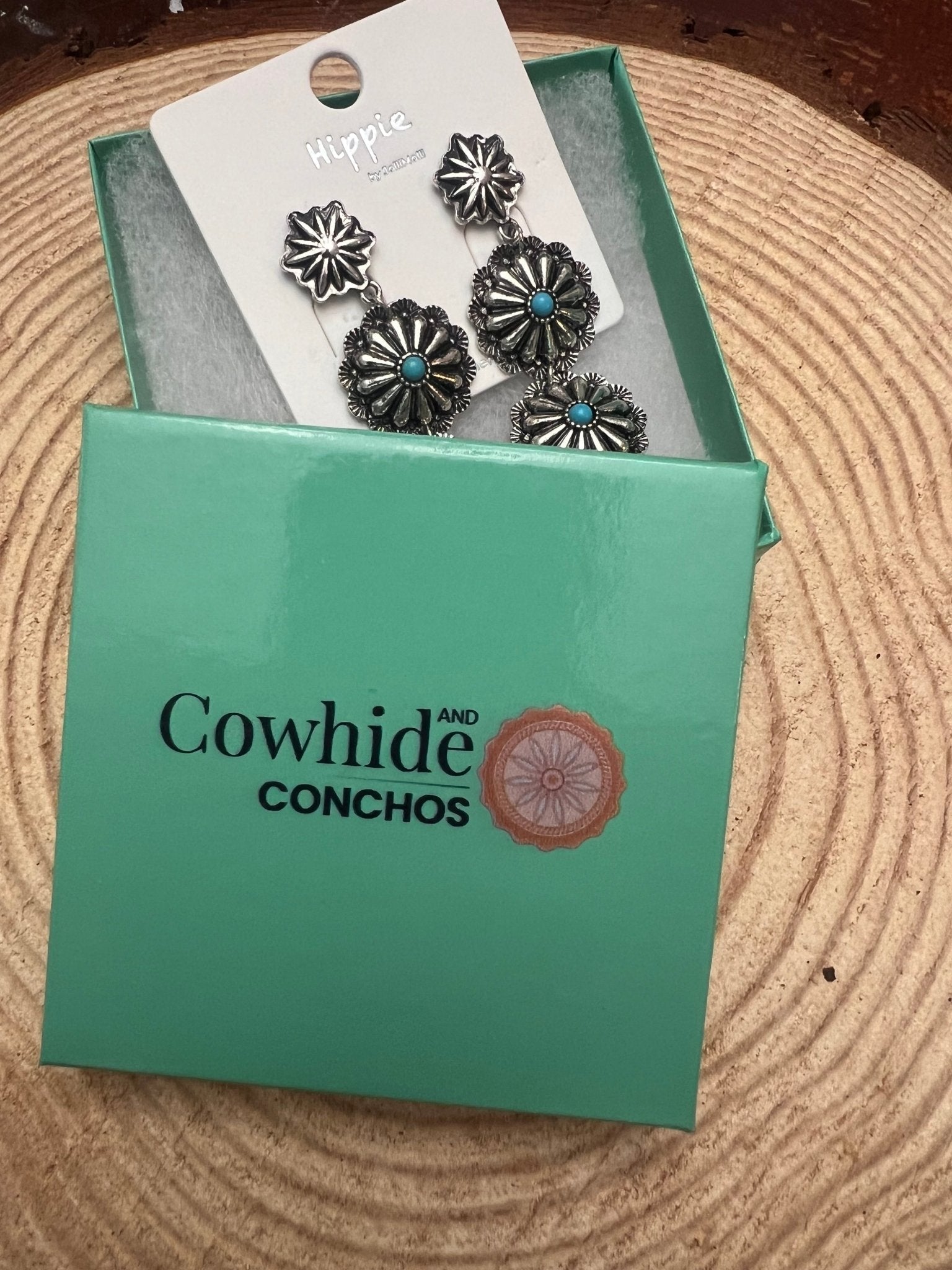 Western 3-Concho Dangle Earrings with Faux Turquoise — 2¼" Drop - Rooted & Reckless Co.