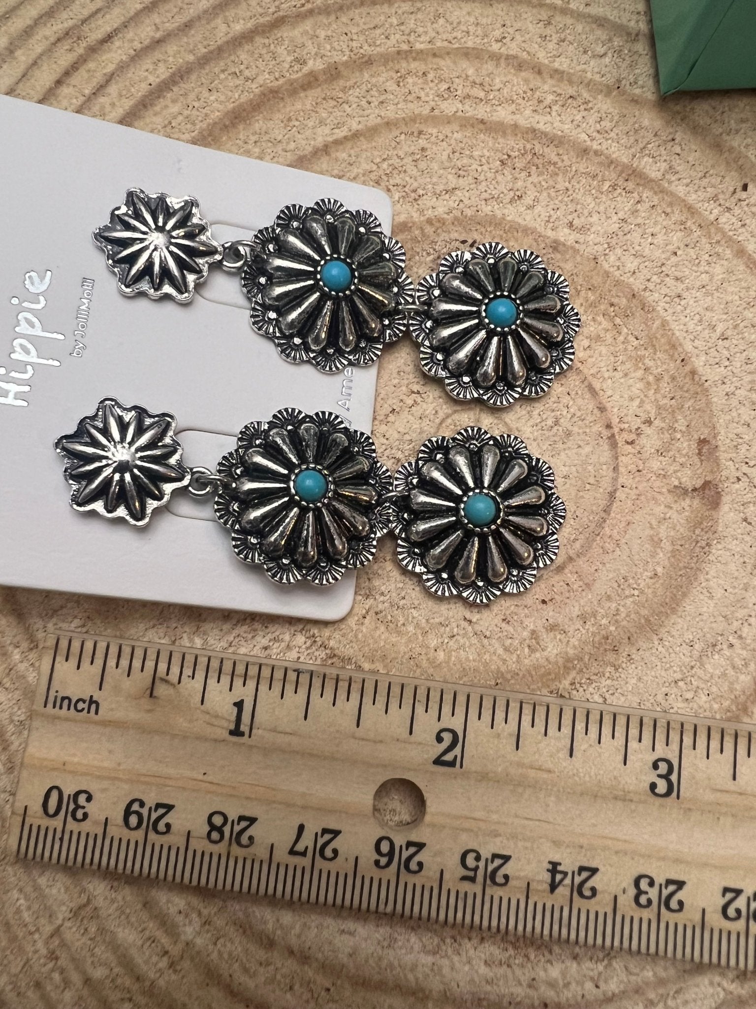 Western 3-Concho Dangle Earrings with Faux Turquoise — 2¼" Drop - Rooted & Reckless Co.