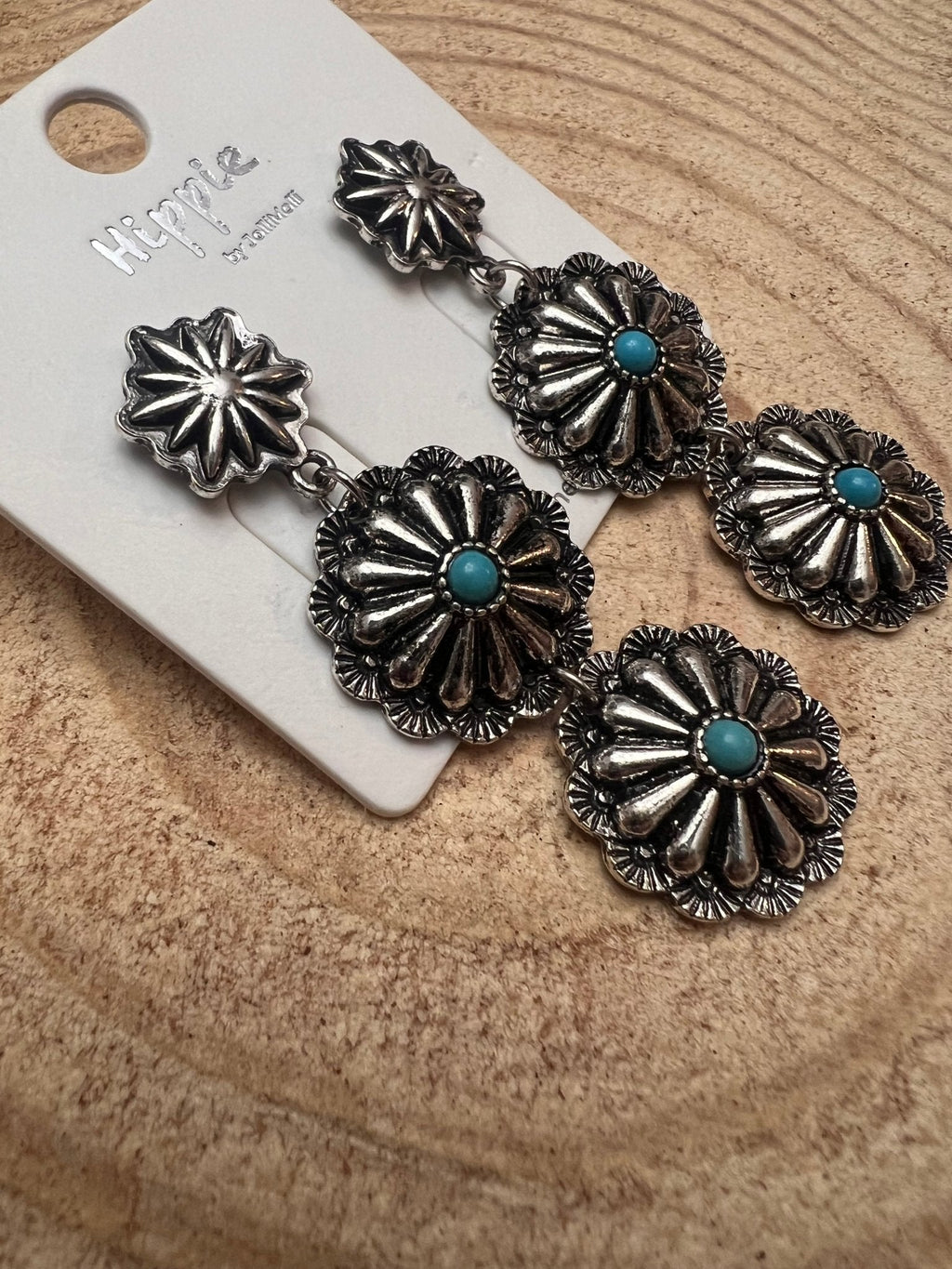 Western 3-Concho Dangle Earrings with Faux Turquoise — 2¼" Drop - Rooted & Reckless Co.