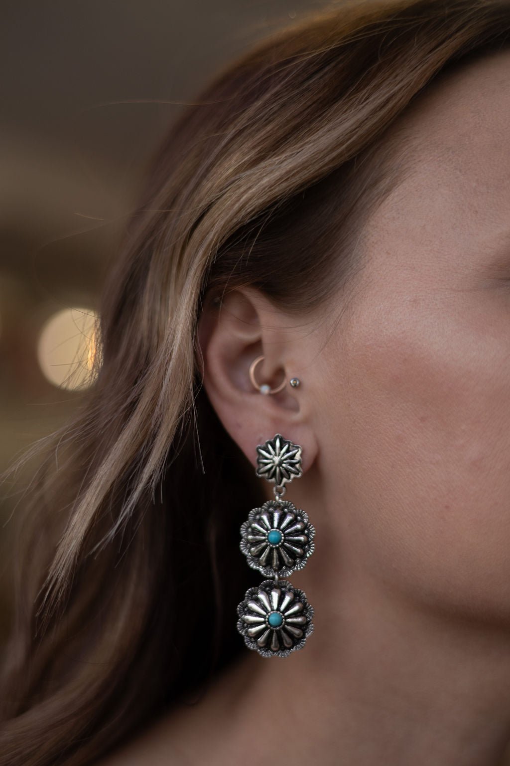 Western 3-Concho Dangle Earrings with Faux Turquoise — 2¼" Drop - Rooted & Reckless Co.