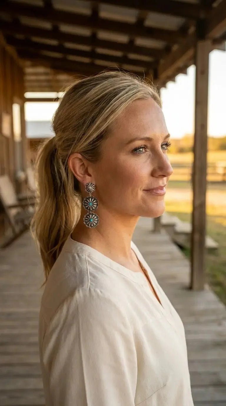 Western 3-Concho Dangle Earrings with Faux Turquoise — 2¼" Drop - Rooted & Reckless Co.
