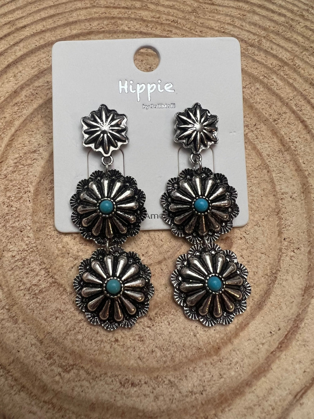 Western 3-Concho Dangle Earrings with Faux Turquoise — 2¼" Drop - Rooted & Reckless Co.