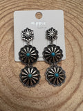 Western 3-Concho Dangle Earrings with Faux Turquoise — 2¼" Drop - Rooted & Reckless Co.